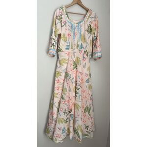 Vintage‎ 60s 70s Maxi Dress L Garden Wedding Peach Floral Retro Hand Made Sewn